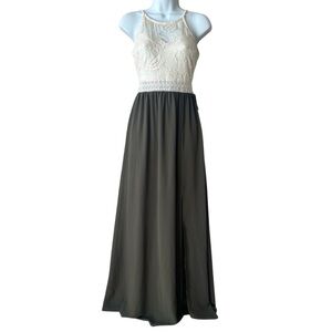 NWT IZ BYER Crochet Boho Lace High Neck Maxi Dress S Cream Olive Green Event